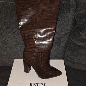 Wren Dark Brown Croc-Embossed Heeled Boots